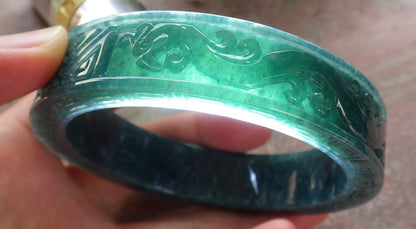 Certified Icy Green Burma 100% Natural A JADE Jadeite Dragon Phoenix Longevity Bangle Bracelet 63mm 手镯 645344 TN