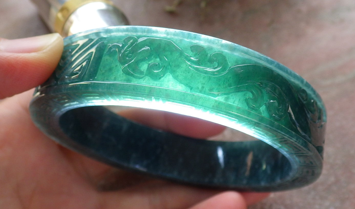 Certified Icy Green Burma 100% Natural A JADE Jadeite Dragon Phoenix Longevity Bangle Bracelet 63mm 手镯 645344 TN