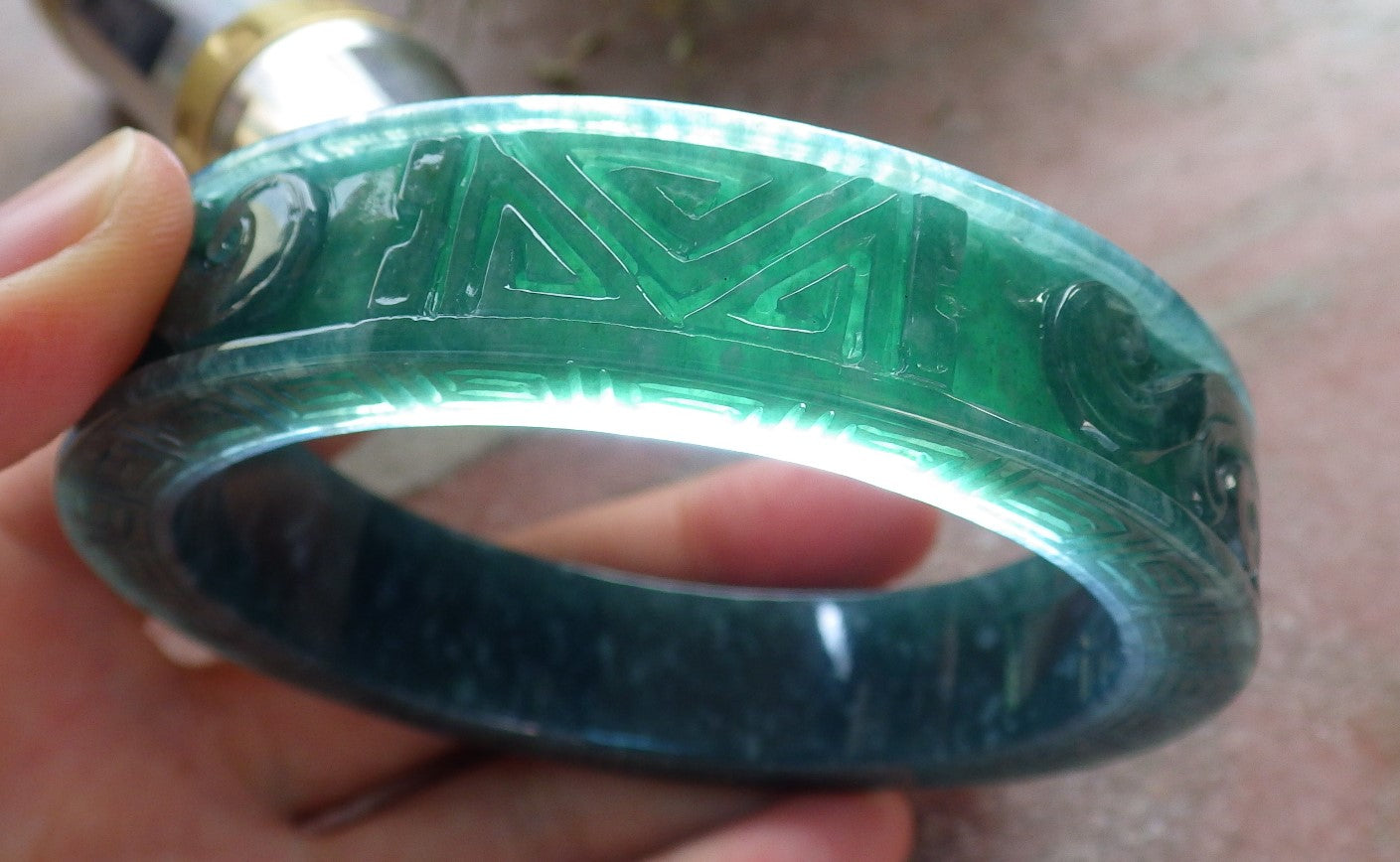 Certified Icy Green Burma 100% Natural A JADE Jadeite Dragon Phoenix Longevity Bangle Bracelet 63mm 手镯 645344 TN