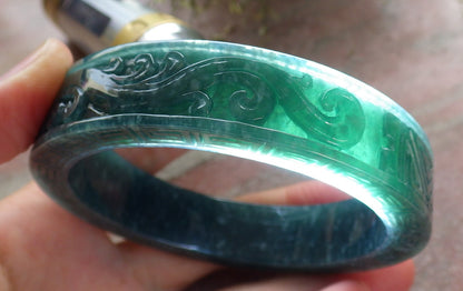 Certified Icy Green Burma 100% Natural A JADE Jadeite Dragon Phoenix Longevity Bangle Bracelet 63mm 手镯 645344 TN