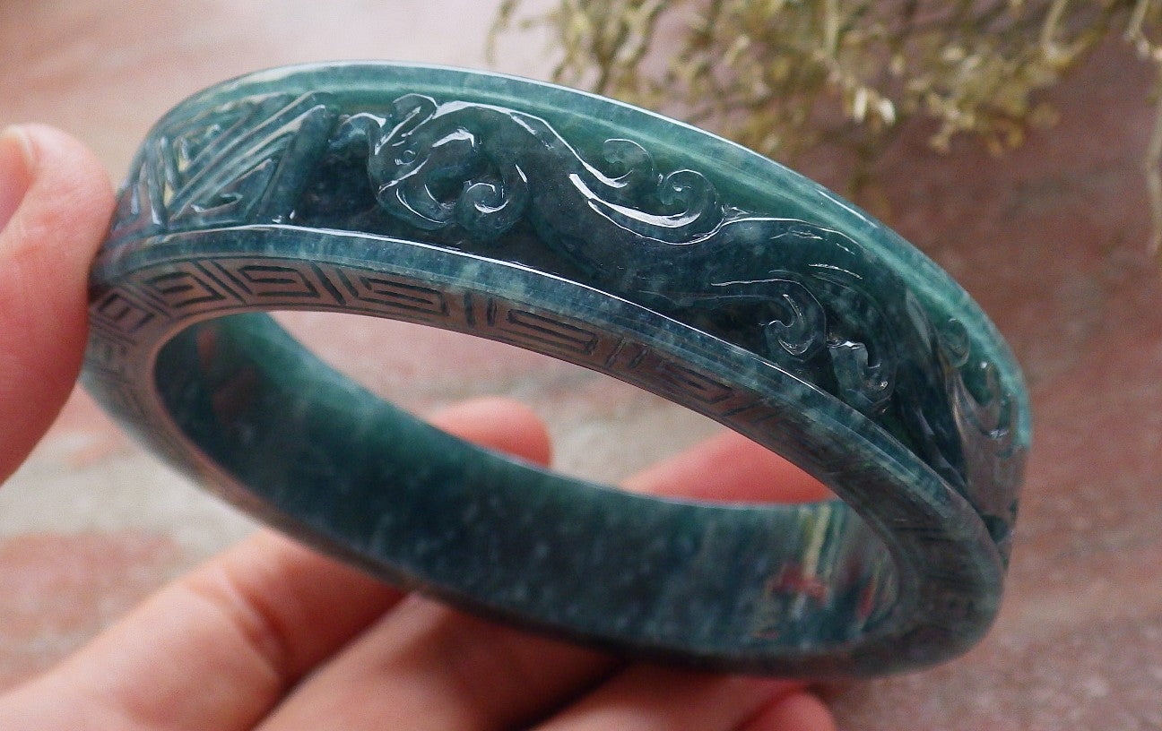Certified Icy Green Burma 100% Natural A JADE Jadeite Dragon Phoenix Longevity Bangle Bracelet 63mm 手镯 645344 TN