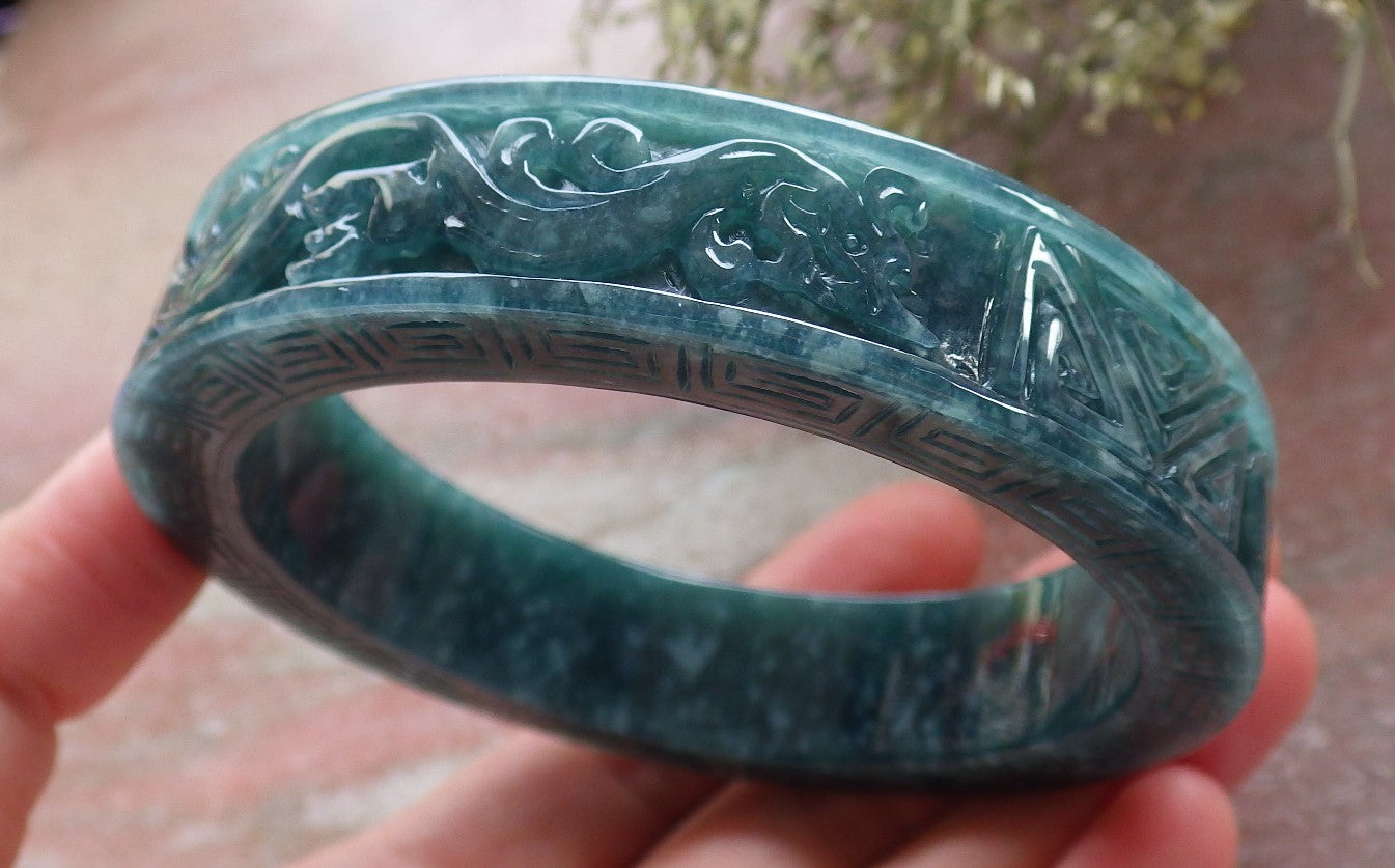 Certified Icy Green Burma 100% Natural A JADE Jadeite Dragon Phoenix Longevity Bangle Bracelet 63mm 手镯 645344 TN