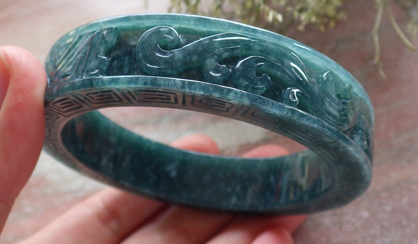 Certified Icy Green Burma 100% Natural A JADE Jadeite Dragon Phoenix Longevity Bangle Bracelet 63mm 手镯 645344 TN