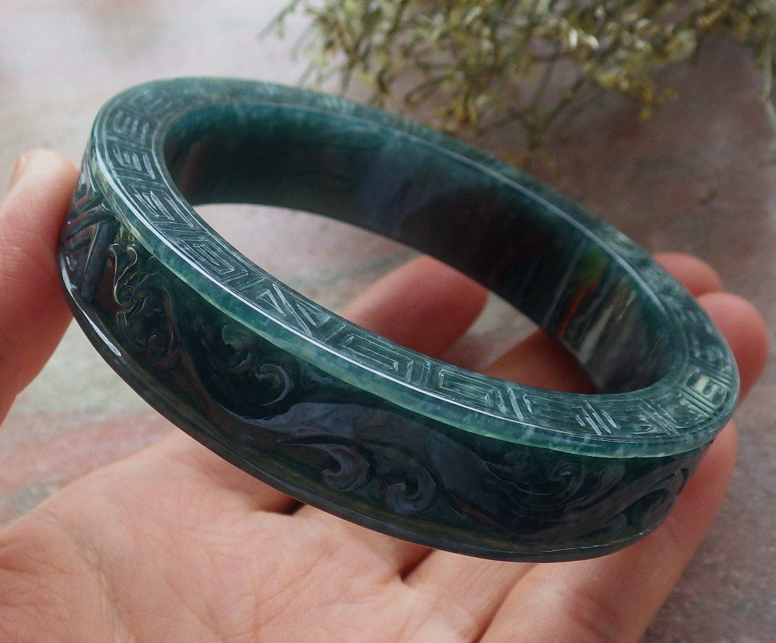 Certified Icy Green Burma 100% Natural A JADE Jadeite Dragon Phoenix Longevity Bangle Bracelet 63mm 手镯 645344 TN