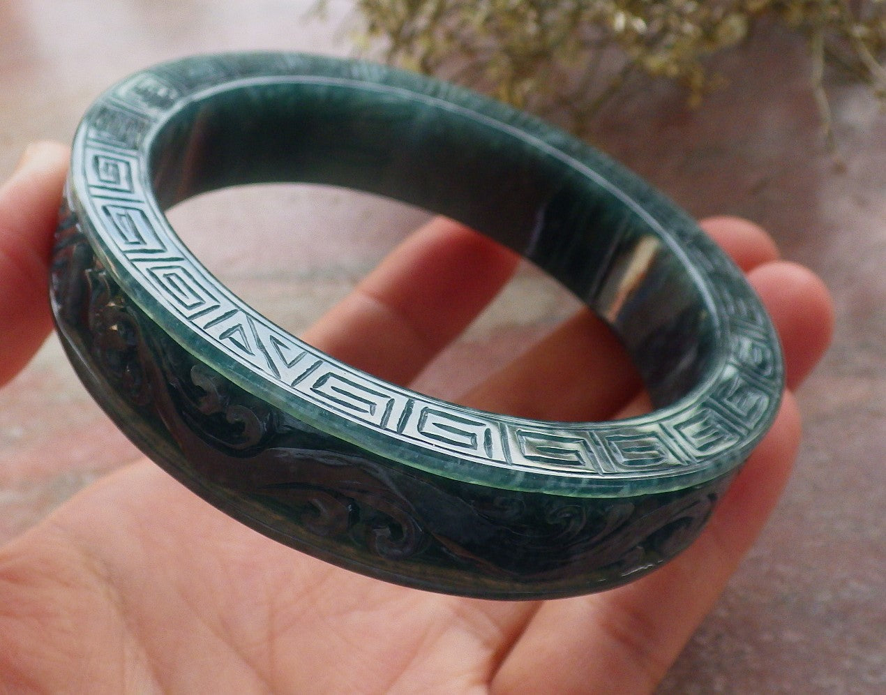 Certified Icy Green Burma 100% Natural A JADE Jadeite Dragon Phoenix Longevity Bangle Bracelet 63mm 手镯 645344 TN