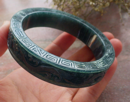 Certified Icy Green Burma 100% Natural A JADE Jadeite Dragon Phoenix Longevity Bangle Bracelet 63mm 手镯 645344 TN