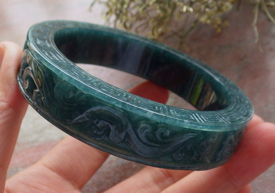 Certified Icy Green Burma 100% Natural A JADE Jadeite Dragon Phoenix Longevity Bangle Bracelet 63mm 手镯 645344 TN