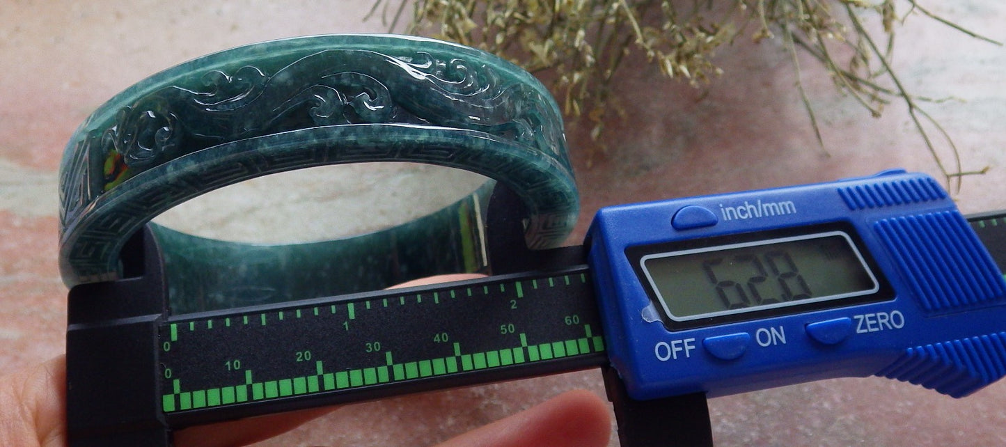 Certified Icy Green Burma 100% Natural A JADE Jadeite Dragon Phoenix Longevity Bangle Bracelet 63mm 手镯 645344 TN