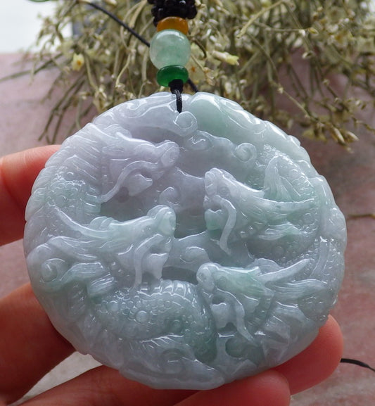 Certified Green & Pale Lavender Burma 100% Natural A Jade jadeite Pendant 9 Dragon Ruyi Circle Necklace 九龙  645415  TN