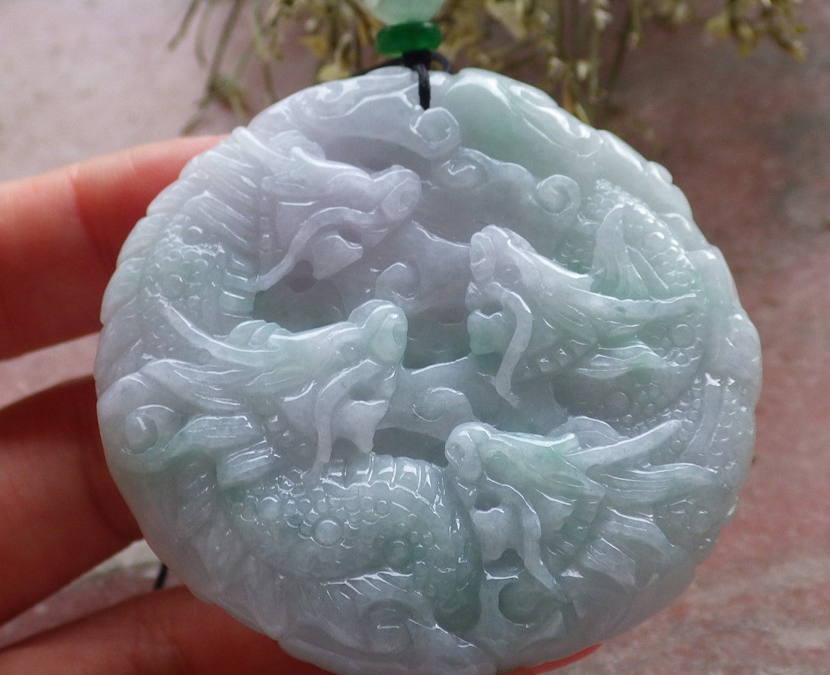Certified Green & Pale Lavender Burma 100% Natural A Jade jadeite Pendant 9 Dragon Ruyi Circle Necklace 九龙  645415  TN