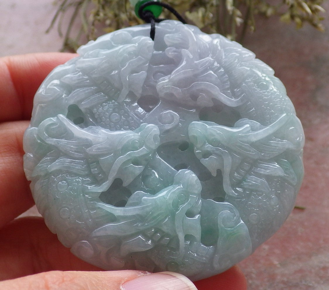 Certified Green & Pale Lavender Burma 100% Natural A Jade jadeite Pendant 9 Dragon Ruyi Circle Necklace 九龙  645415  TN