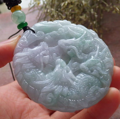 Certified Green & Pale Lavender Burma 100% Natural A Jade jadeite Pendant 9 Dragon Ruyi Circle Necklace 九龙  645415  TN