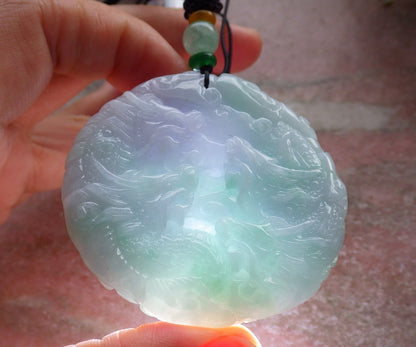 Certified Green & Pale Lavender Burma 100% Natural A Jade jadeite Pendant 9 Dragon Ruyi Circle Necklace 九龙  645415  TN