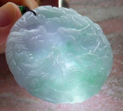 Certified Green & Pale Lavender Burma 100% Natural A Jade jadeite Pendant 9 Dragon Ruyi Circle Necklace 九龙  645415  TN