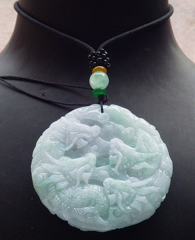 Certified Green & Pale Lavender Burma 100% Natural A Jade jadeite Pendant 9 Dragon Ruyi Circle Necklace 九龙  645415  TN