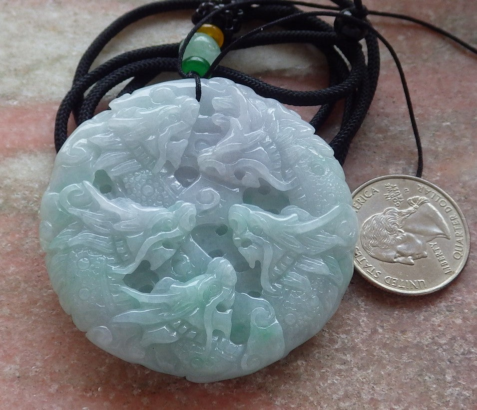 Certified Green & Pale Lavender Burma 100% Natural A Jade jadeite Pendant 9 Dragon Ruyi Circle Necklace 九龙  645415  TN