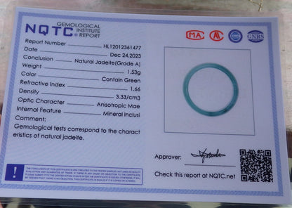 Certified Icy Green Burma 100% Natural A JADE Jadeite Circle RING USA. 6.5 戒指 645489 TN