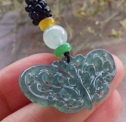Certified Icy Green Burma 100% Natural A Jade jadeite Pendant Butterfly Neckace 蝴蝶 645507 TN