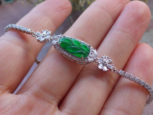 Green Silver 925 Certified A JADE Jadeite Bead Leaf Bracelet Bracelet Diamond Imitation 645616 TN