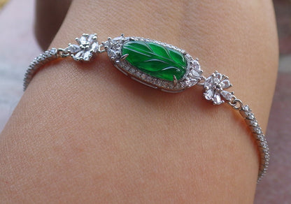 Green Silver 925 Certified A JADE Jadeite Bead Leaf Bracelet Bracelet Diamond Imitation 645616 TN