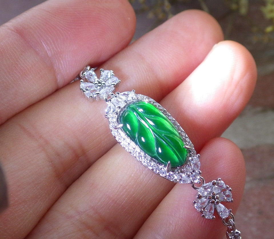 Green Silver 925 Certified A JADE Jadeite Bead Leaf Bracelet Bracelet Diamond Imitation 645616 TN