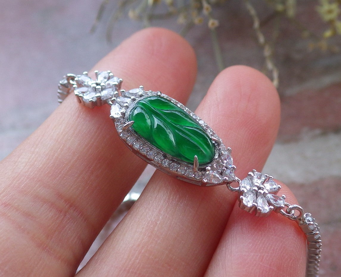 Green Silver 925 Certified A JADE Jadeite Bead Leaf Bracelet Bracelet Diamond Imitation 645616 TN