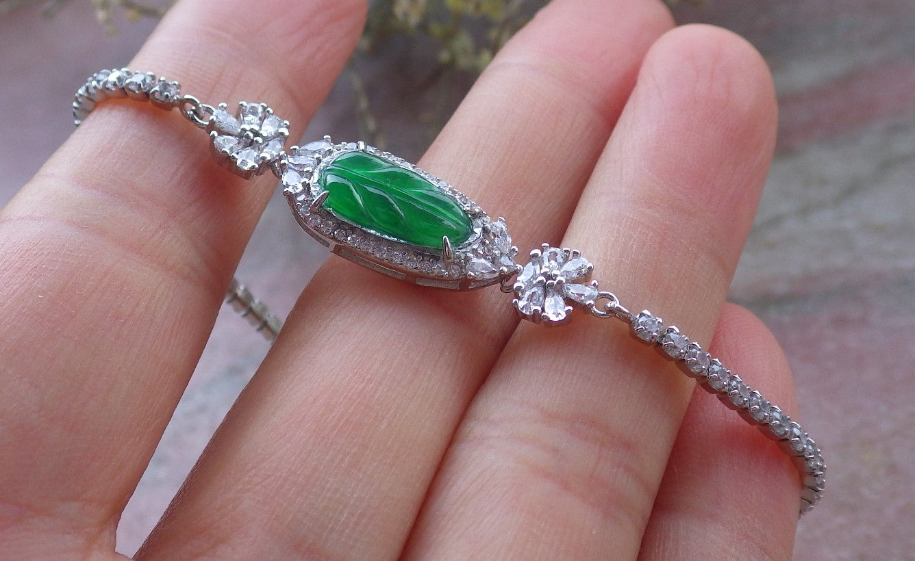 Green Silver 925 Certified A JADE Jadeite Bead Leaf Bracelet Bracelet Diamond Imitation 645623 TN