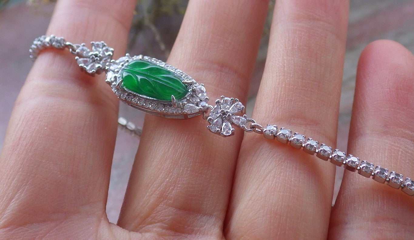 Green Silver 925 Certified A JADE Jadeite Bead Leaf Bracelet Bracelet Diamond Imitation 645623 TN