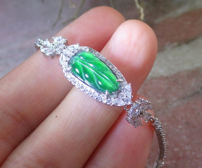 Green Silver 925 Certified A JADE Jadeite Bead Leaf Bracelet Bracelet Diamond Imitation 645623 TN