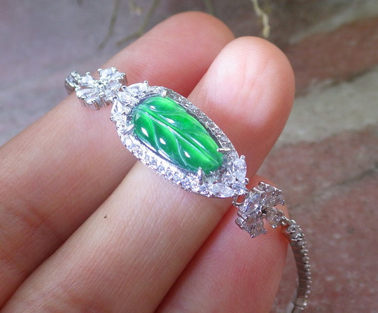 Green Silver 925 Certified A JADE Jadeite Bead Leaf Bracelet Bracelet Diamond Imitation 645623 TN