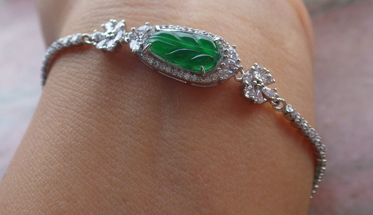 Green Silver 925 Certified A JADE Jadeite Bead Leaf Bracelet Bracelet Diamond Imitation 645623 TN