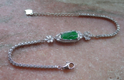 Green Silver 925 Certified A JADE Jadeite Bead Leaf Bracelet Bracelet Diamond Imitation 645623 TN