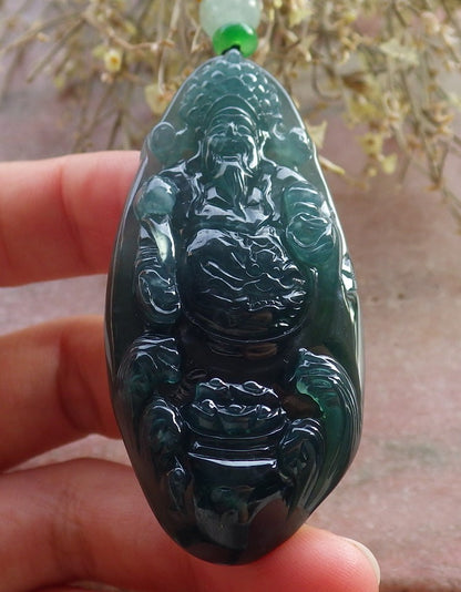 Certified Icy Green Burma 100% Natural A Jade jadeite Pendant Money God Yuan Bao Ruyi Necklace 财神 645700 TN