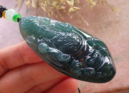Certified Icy Green Burma 100% Natural A Jade jadeite Pendant Money God Yuan Bao Ruyi Necklace 财神 645700 TN