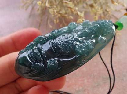 Certified Icy Green Burma 100% Natural A Jade jadeite Pendant Money God Yuan Bao Ruyi Necklace 财神 645700 TN