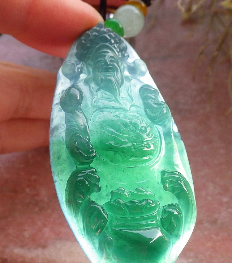 Certified Icy Green Burma 100% Natural A Jade jadeite Pendant Money God Yuan Bao Ruyi Necklace 财神 645700 TN