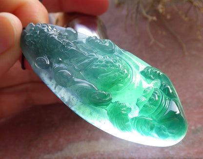 Certified Icy Green Burma 100% Natural A Jade jadeite Pendant Money God Yuan Bao Ruyi Necklace 财神 645700 TN
