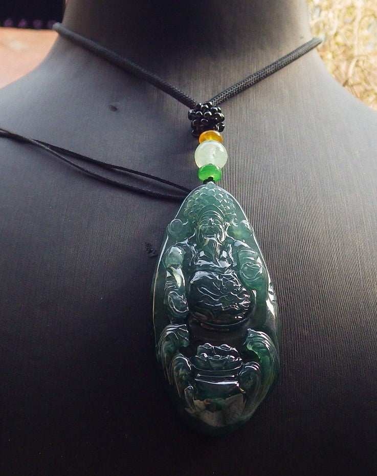 Certified Icy Green Burma 100% Natural A Jade jadeite Pendant Money God Yuan Bao Ruyi Necklace 财神 645700 TN