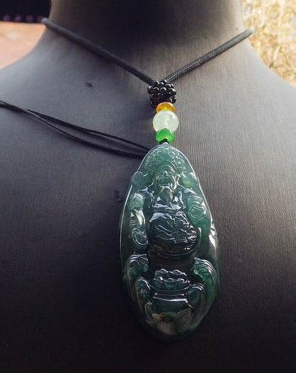 Certified Icy Green Burma 100% Natural A Jade jadeite Pendant Money God Yuan Bao Ruyi Necklace 财神 645700 TN