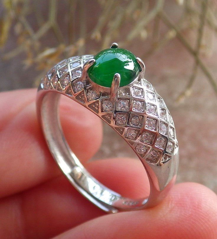 Certified Icy Green silver 0.925 Burma 100% Natural A JADE Jadeite Cabochon RING USA 9.5 戒指 645891 TN