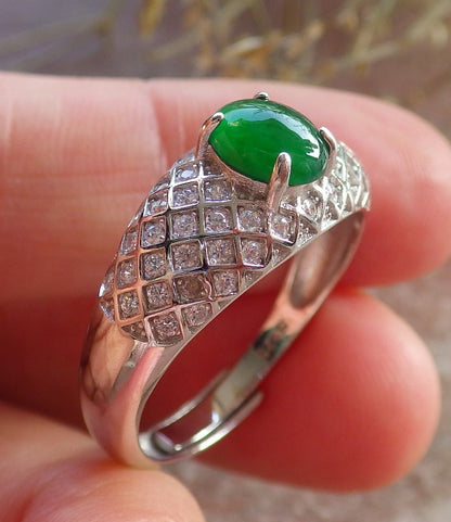 Certified Icy Green silver 0.925 Burma 100% Natural A JADE Jadeite Cabochon RING USA 9.5 戒指 645891 TN