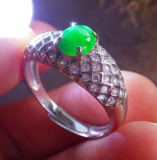 Certified Icy Green silver 0.925 Burma 100% Natural A JADE Jadeite Cabochon RING USA 9.5 戒指 645891 TN