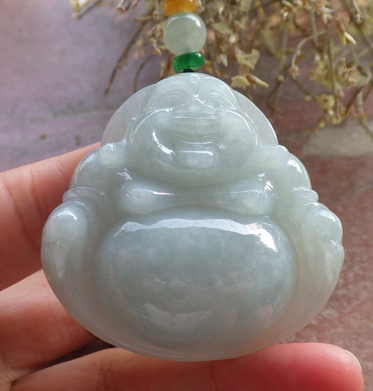 Certified Green Burma 100% Natural A Jade jadeite pendant Happy Buddha God Necklace 开心佛 646181 TN