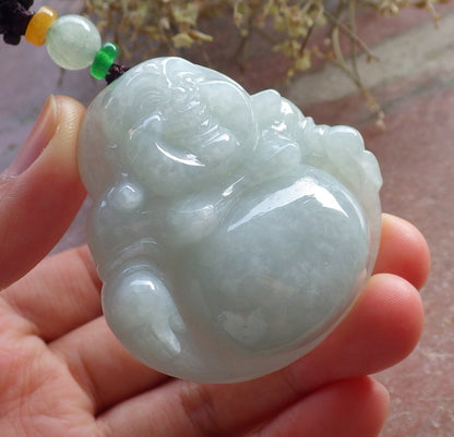Certified Green Burma 100% Natural A Jade jadeite pendant Happy Buddha God Necklace 开心佛 646181 TN