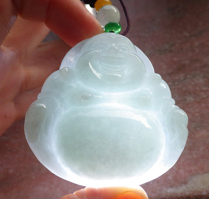 Certified Green Burma 100% Natural A Jade jadeite pendant Happy Buddha God Necklace 开心佛 646181 TN