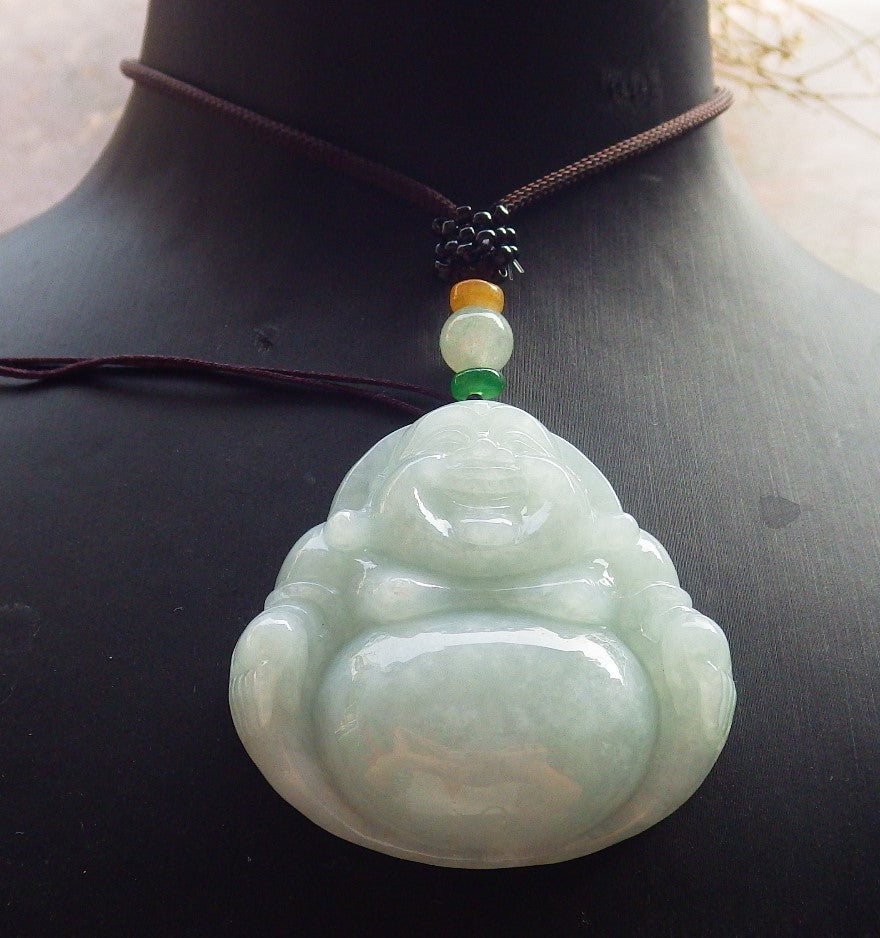 Certified Green Burma 100% Natural A Jade jadeite pendant Happy Buddha God Necklace 开心佛 646181 TN