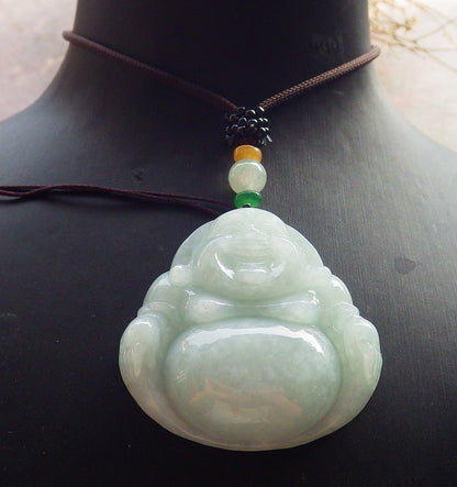Certified Green Burma 100% Natural A Jade jadeite pendant Happy Buddha God Necklace 开心佛 646181 TN