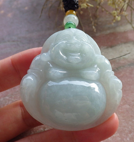 Certified Green Burma 100% Natural A Jade jadeite pendant Happy Buddha God Necklace 开心佛 646189 TN