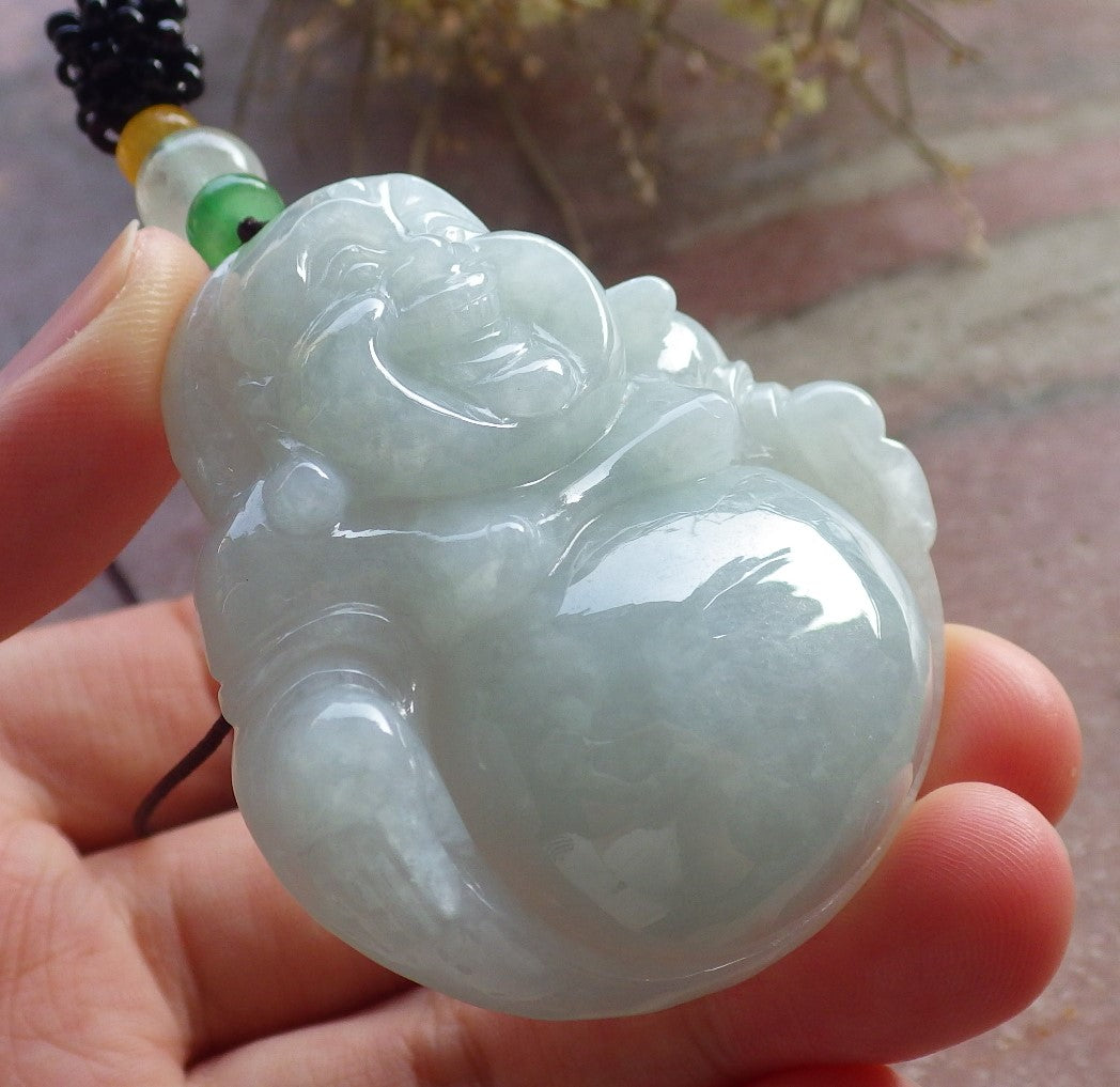 Certified Green Burma 100% Natural A Jade jadeite pendant Happy Buddha God Necklace 开心佛 646189 TN