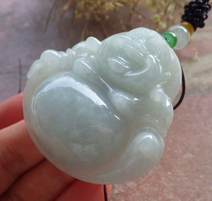 Certified Green Burma 100% Natural A Jade jadeite pendant Happy Buddha God Necklace 开心佛 646189 TN